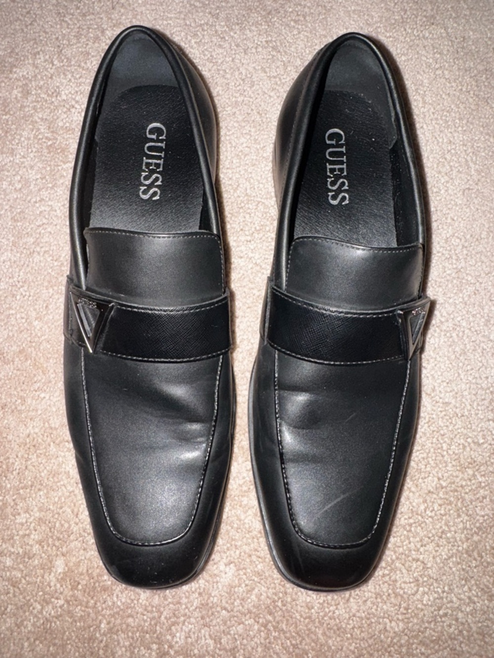 GUESS Men's Black Leather Slip-On Loafers with Logo Accent